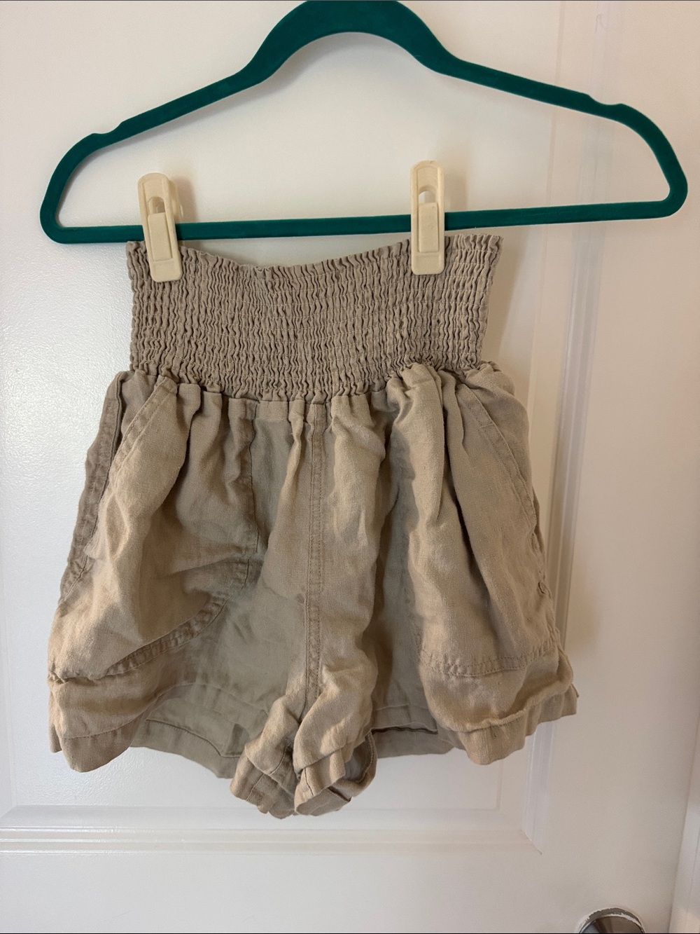 Quince Beige maternity High-Waist Smocked Shorts